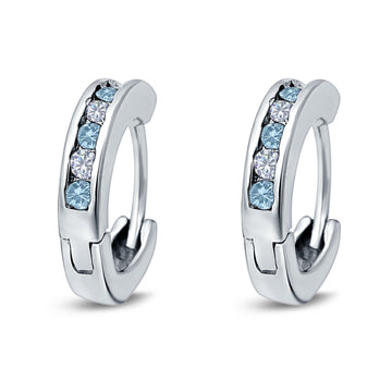 Eternity Huggie Hoop Earrings Channel Round Simulated Aquamarine Cubic Zirconia 925 Sterling Silver